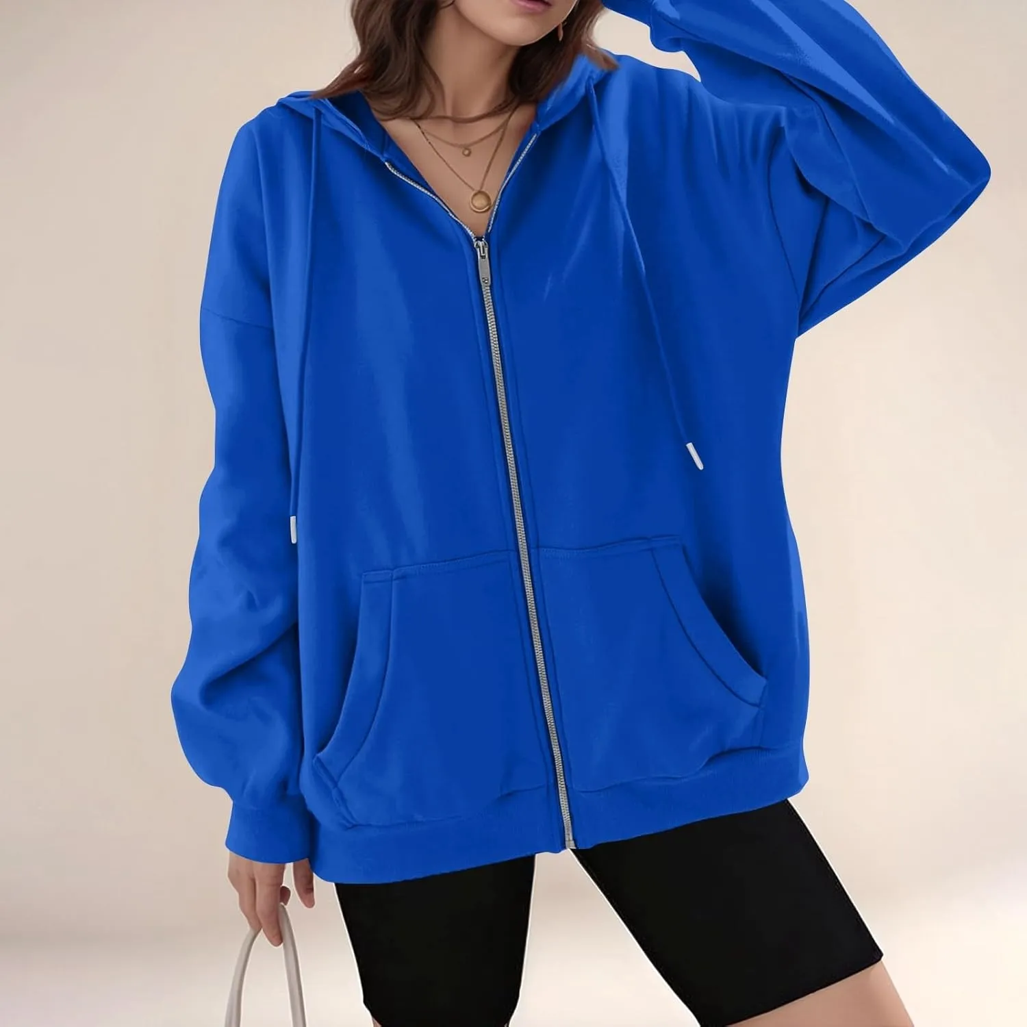 Zip Up Hoodie Women Y2k Oversized Fleece Jacket Workout Drawstring Hooded Sweatshirt with Pockets Winter Clothes