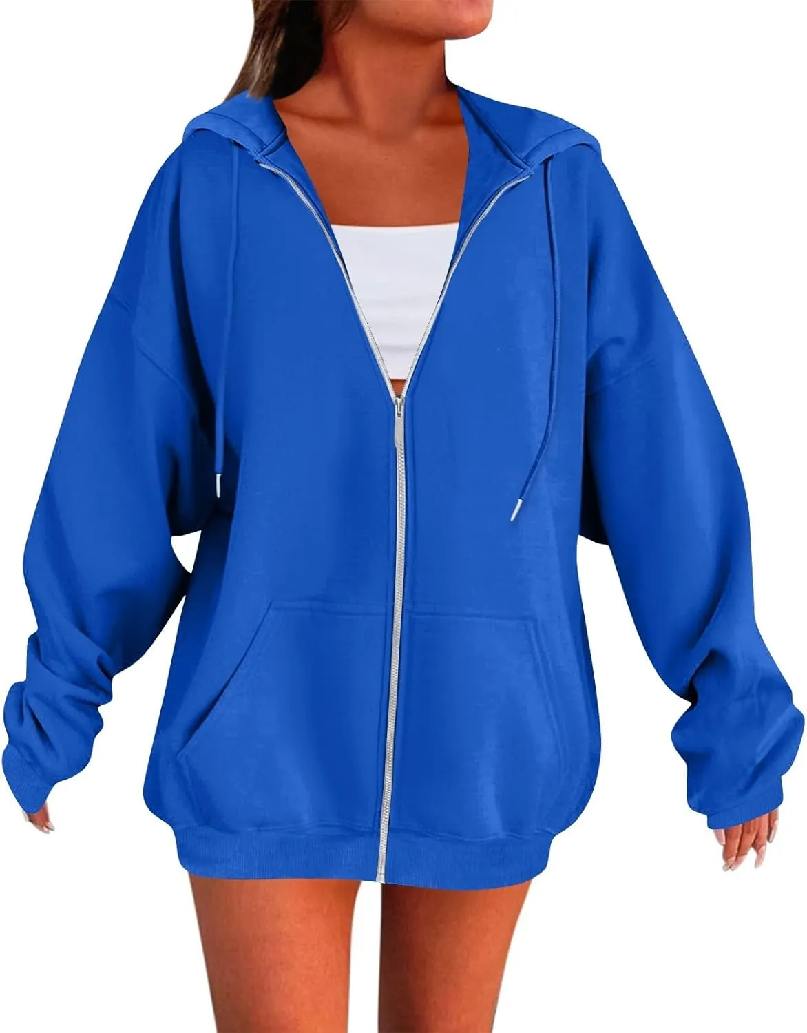 Zip Up Hoodie Women Y2k Oversized Fleece Jacket Workout Drawstring Hooded Sweatshirt with Pockets Winter Clothes