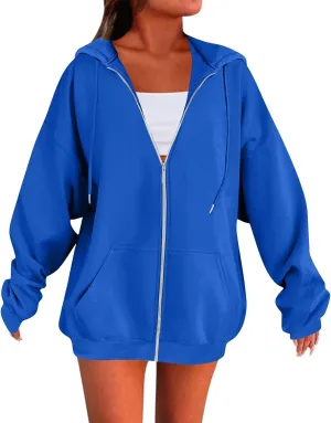 Zip Up Hoodie Women Y2k Oversized Fleece Jacket Workout Drawstring Hooded Sweatshirt with Pockets Winter Clothes